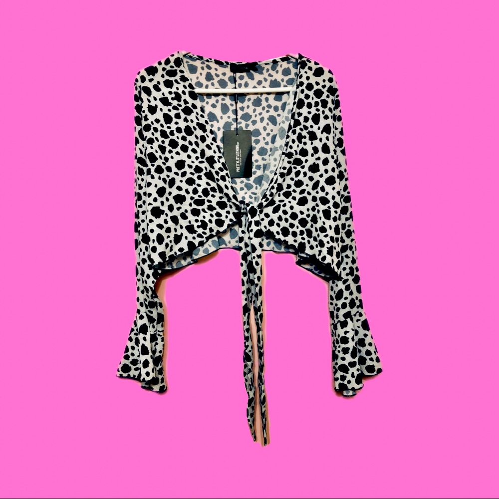 PLT Dalmatian Print tie-front full long sleeve blouse.